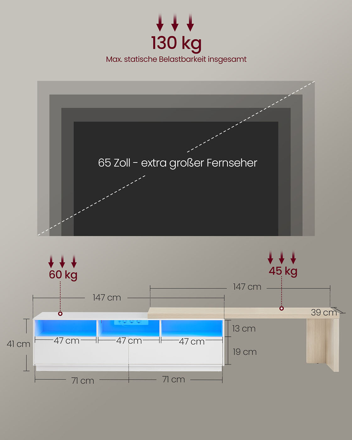 L-format TV-skåp – Justerbar längd – Molnvit naturbeige