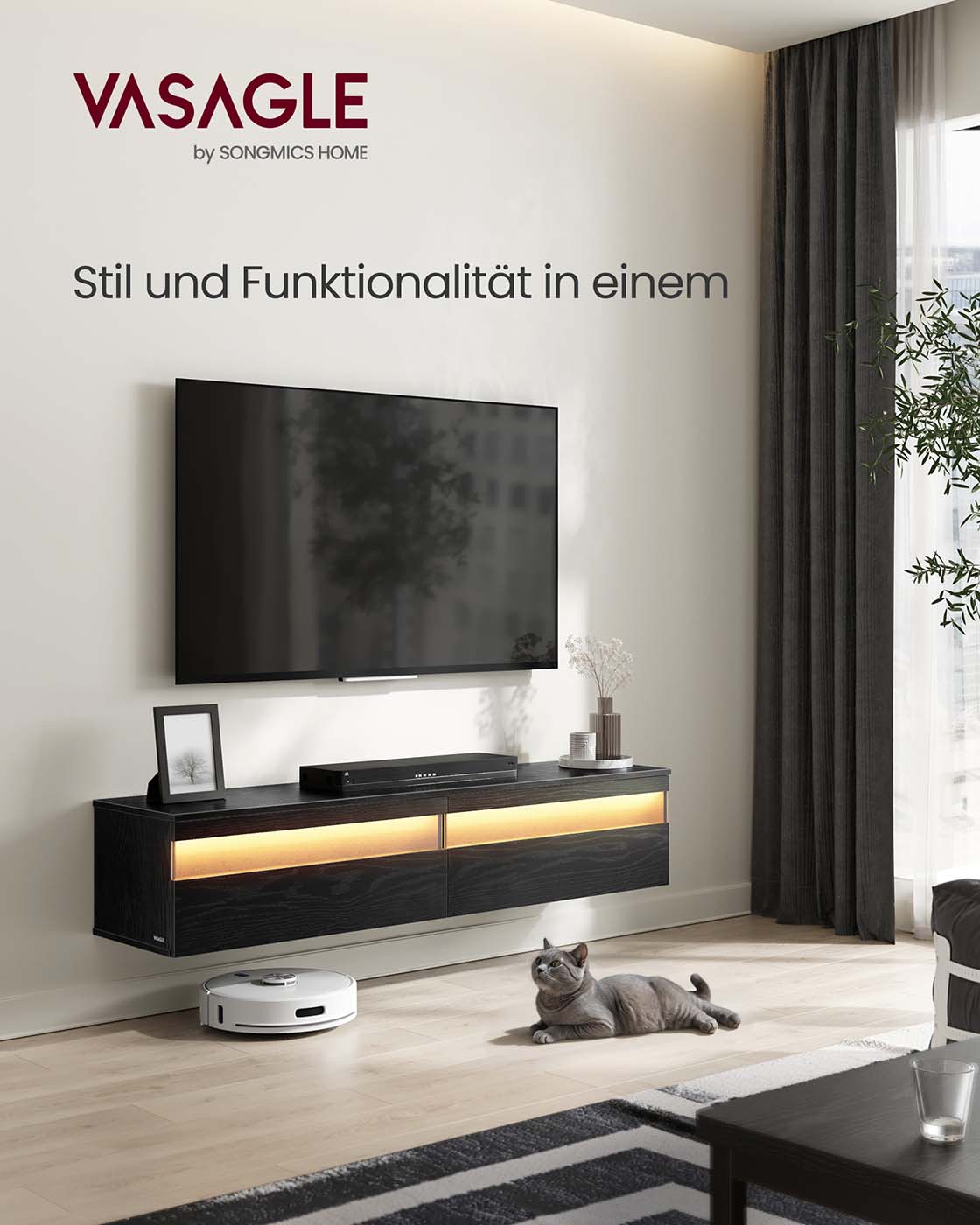 Hängande TV-lowboard 147 x 35 x 30 cm ebenholts svart