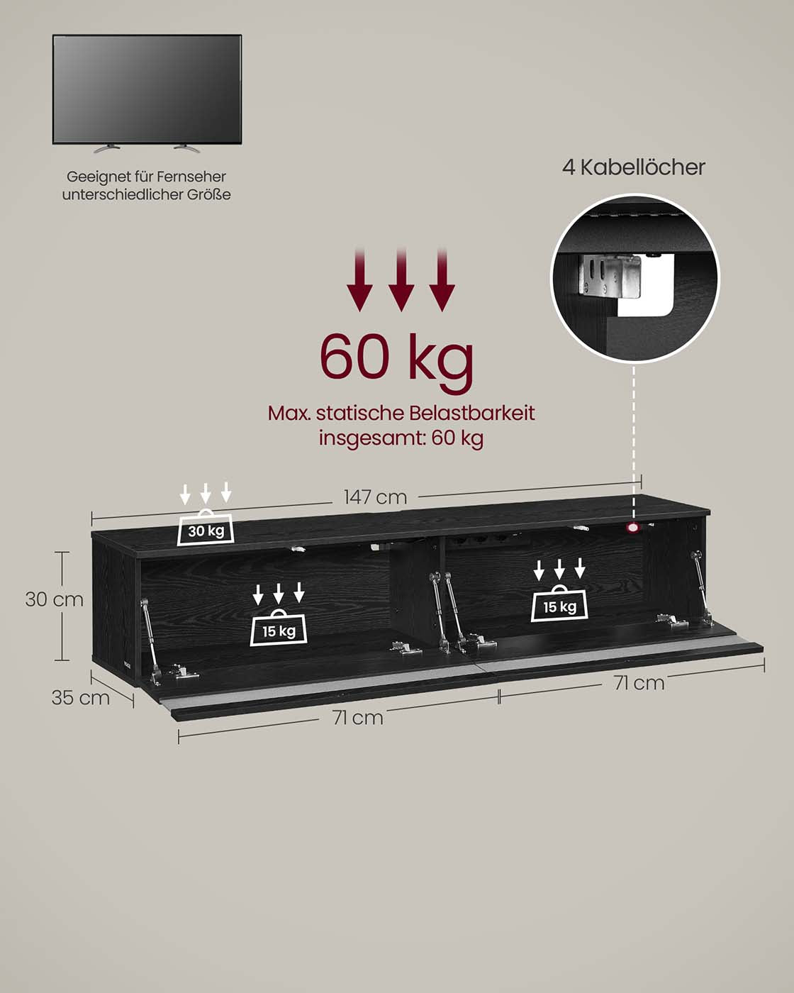 Hängande TV-lowboard 147 x 35 x 30 cm ebenholts svart