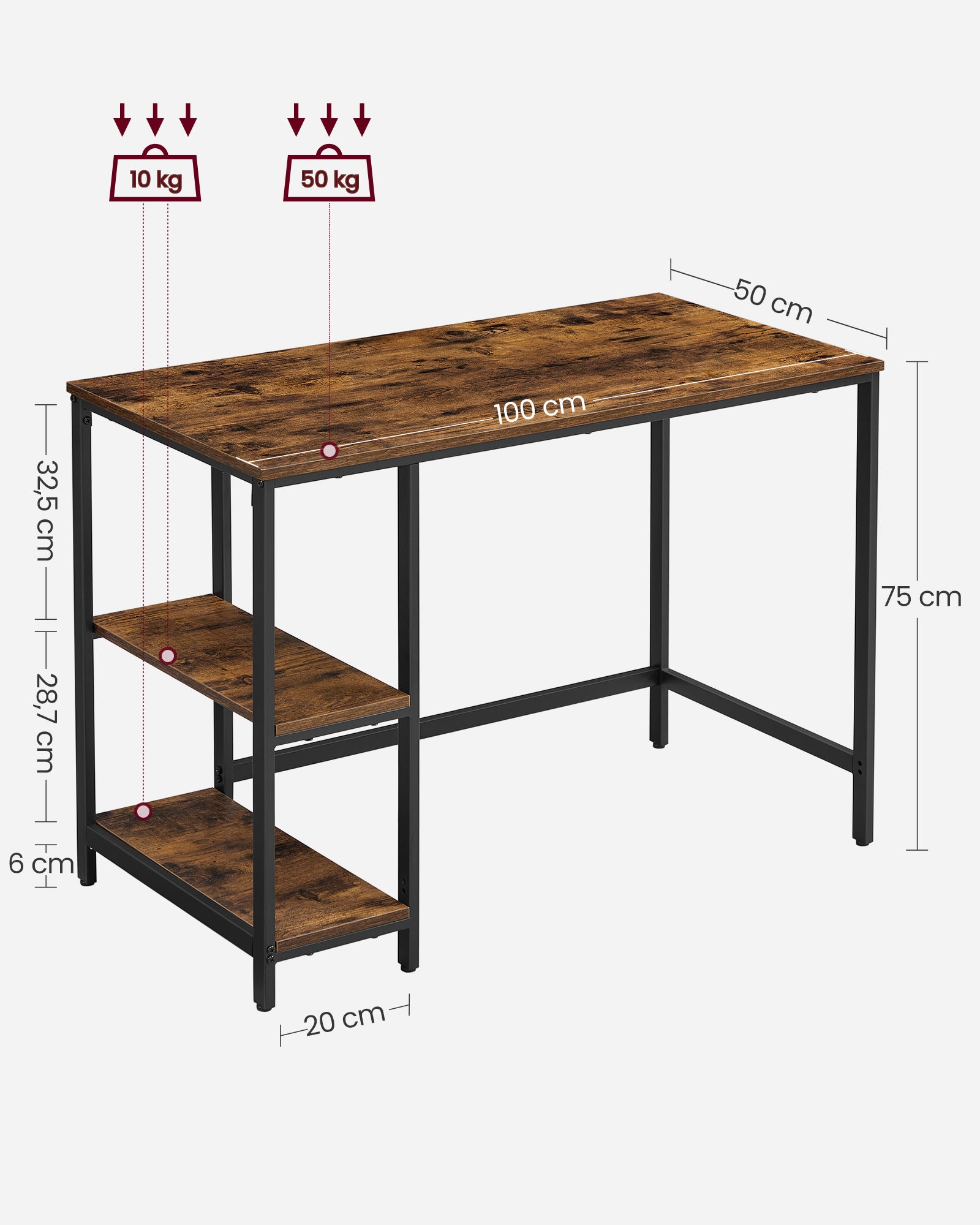 Bureau - Industrial Look - med 2 hyllor