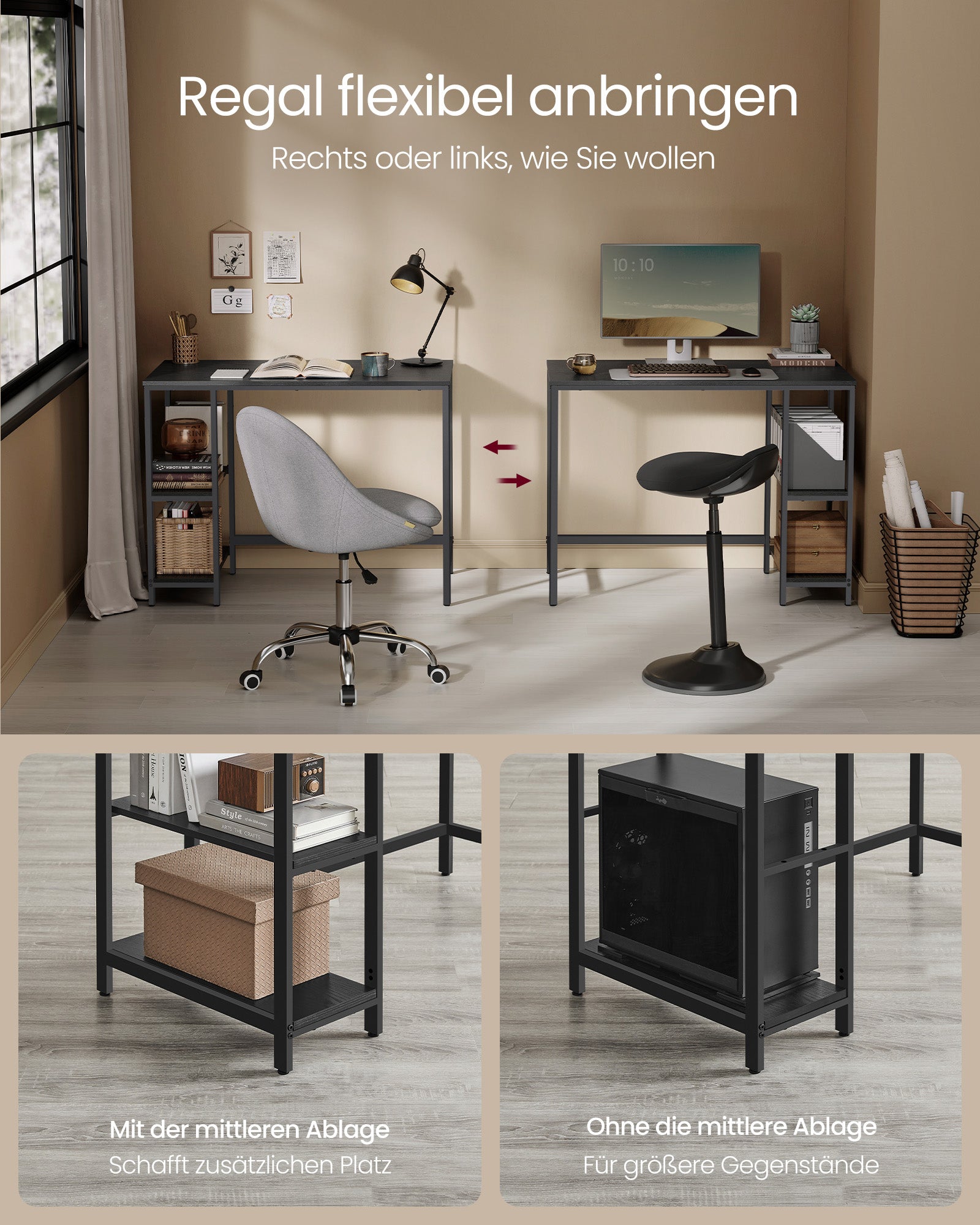 Bureau - med 2 hyllor - Ebbenzwart stålram