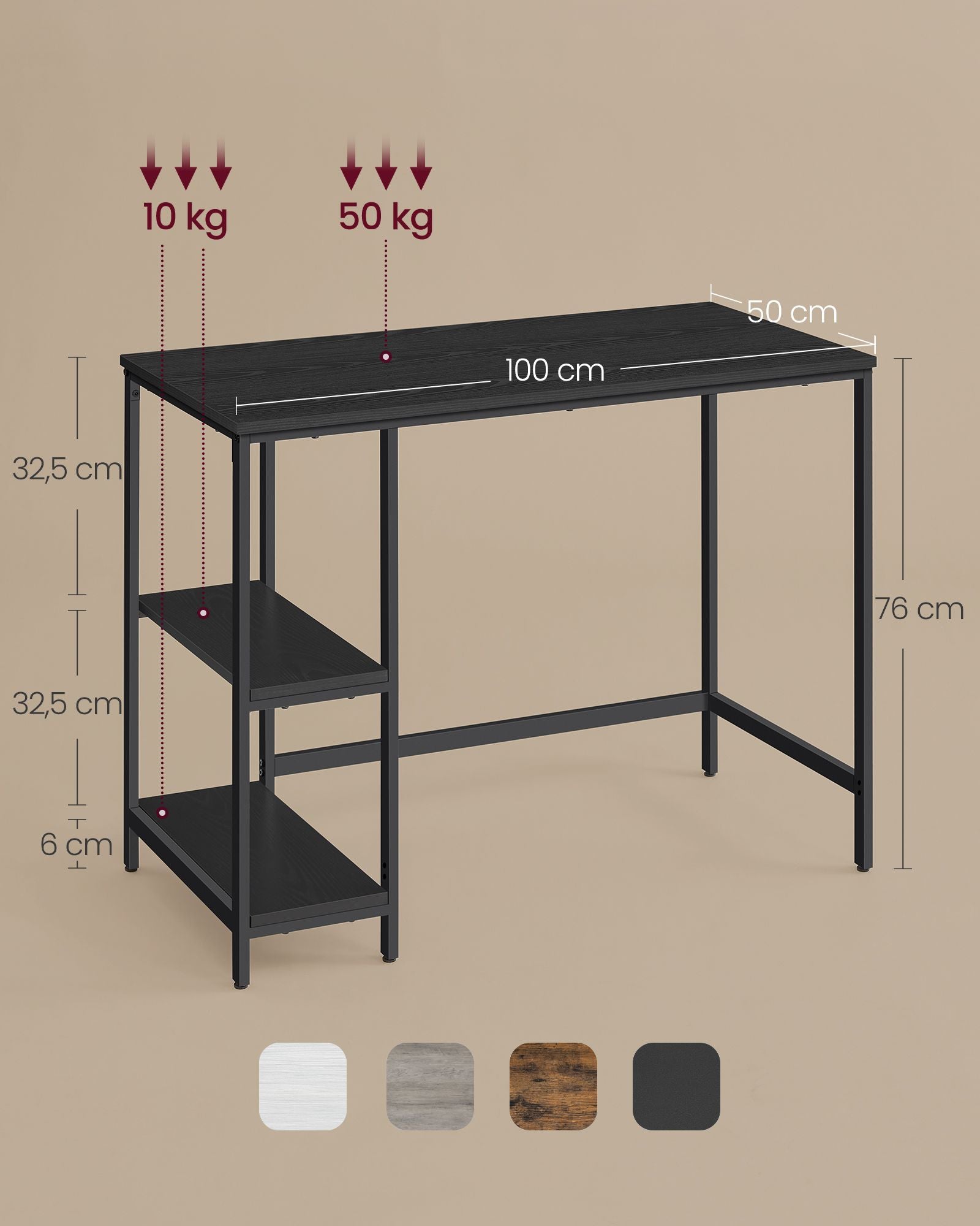 Bureau - med 2 hyllor - Ebbenzwart stålram