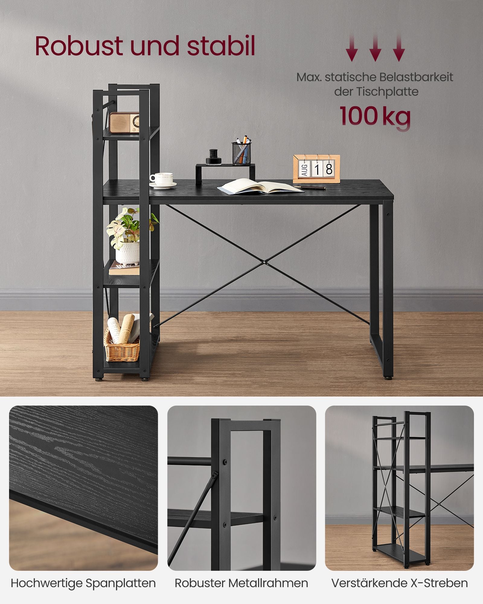 Datorbord – med hyllor – enkel konstruktion – svart