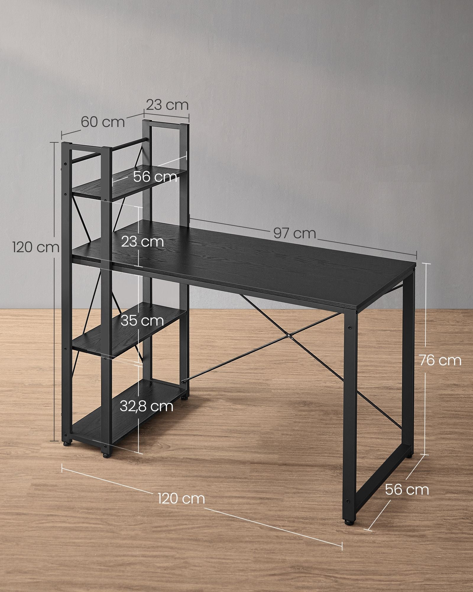 Datorbord – med hyllor – enkel konstruktion – svart