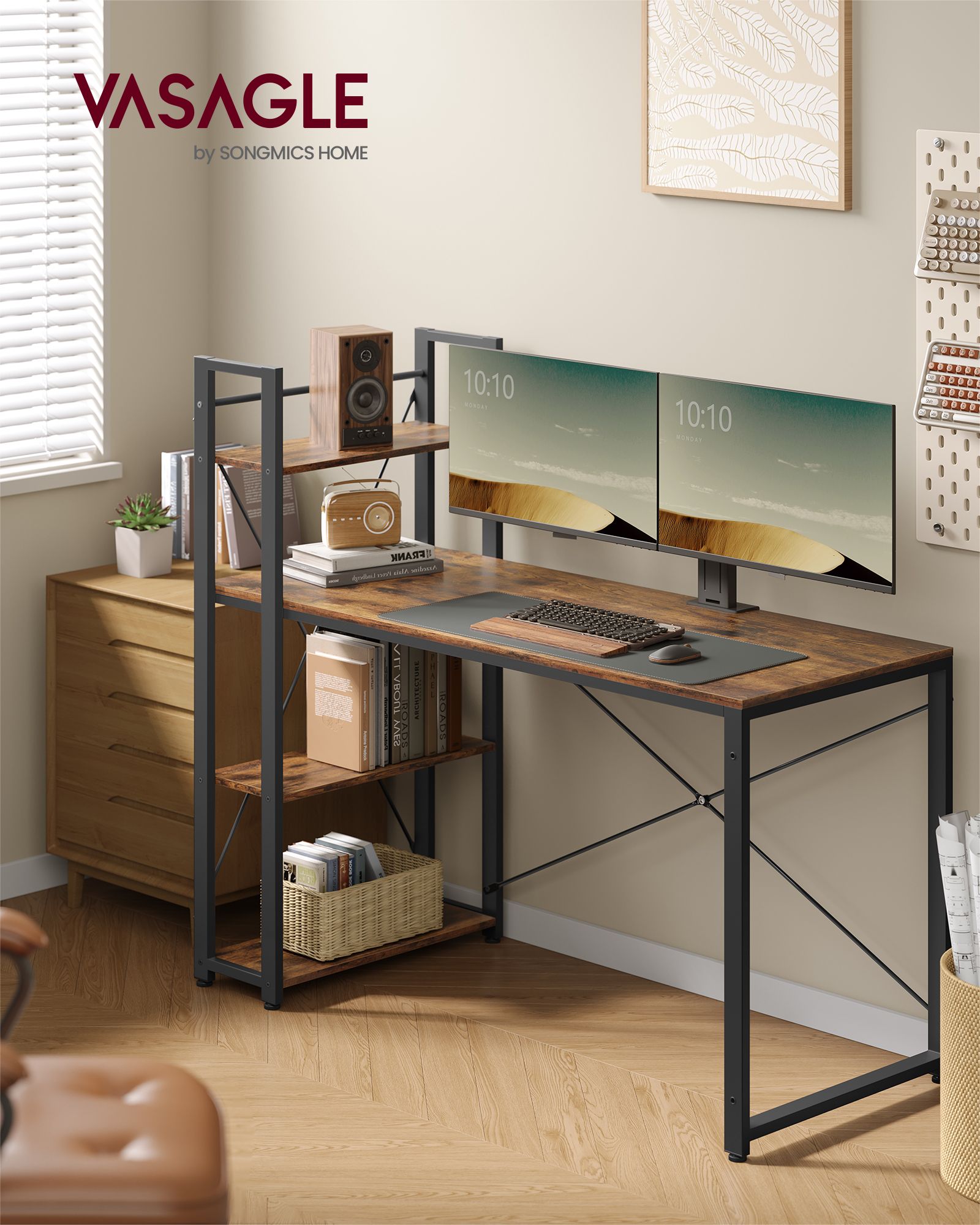 Datorbord – med hyllor – vintage brun-svart