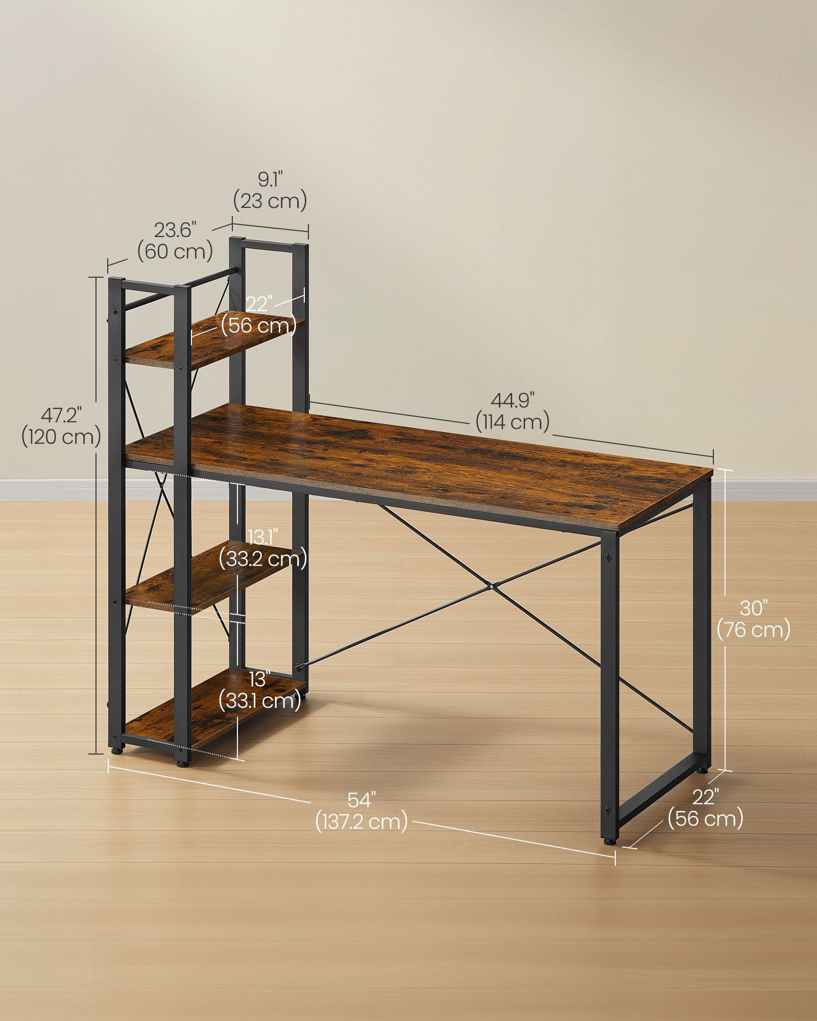 Datorbord – med hyllor – vintage brun-svart