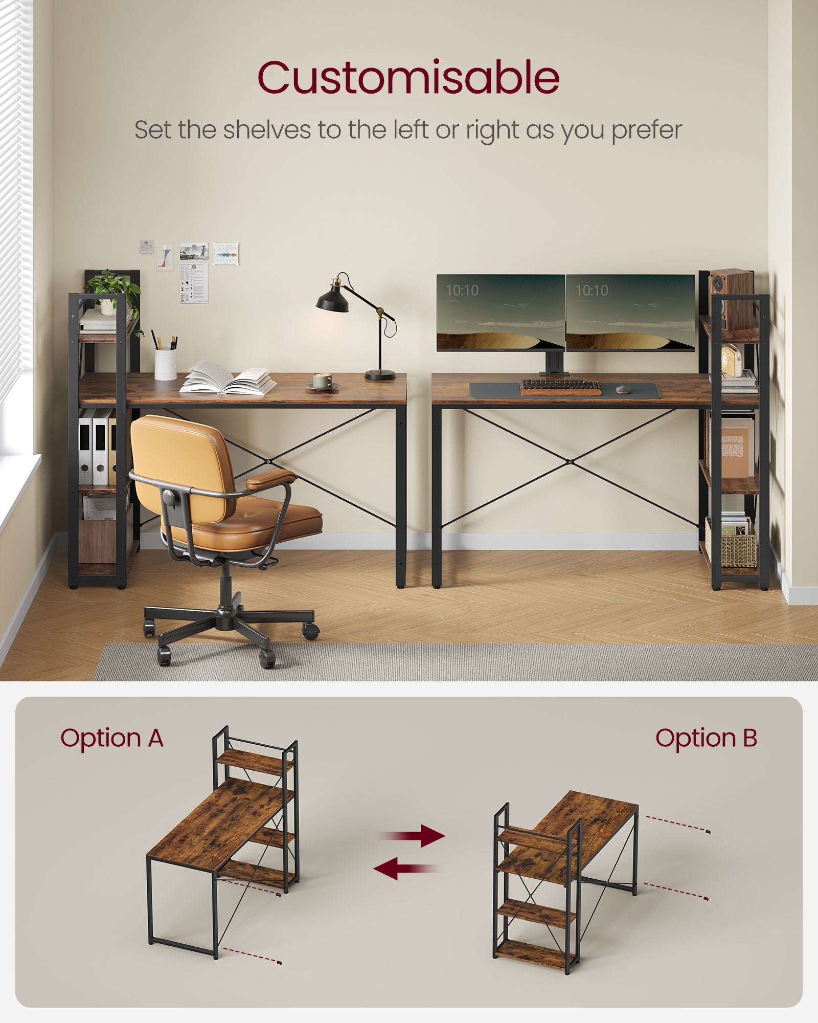 Datorbord – med hyllor – vintage brun-svart