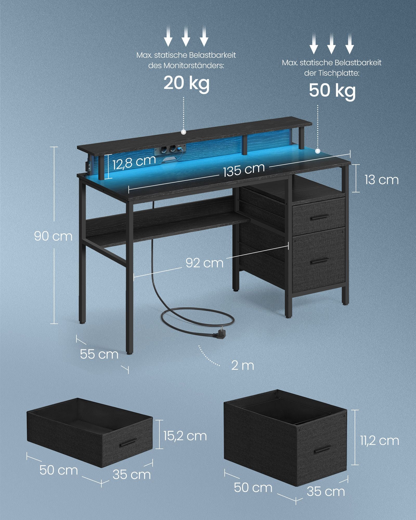 Skrivbord med lådor och monitor står i ebenholts svart