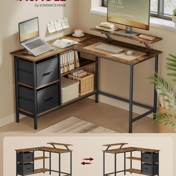 L-format skrivbord – med 2 lådor – vintage brun
