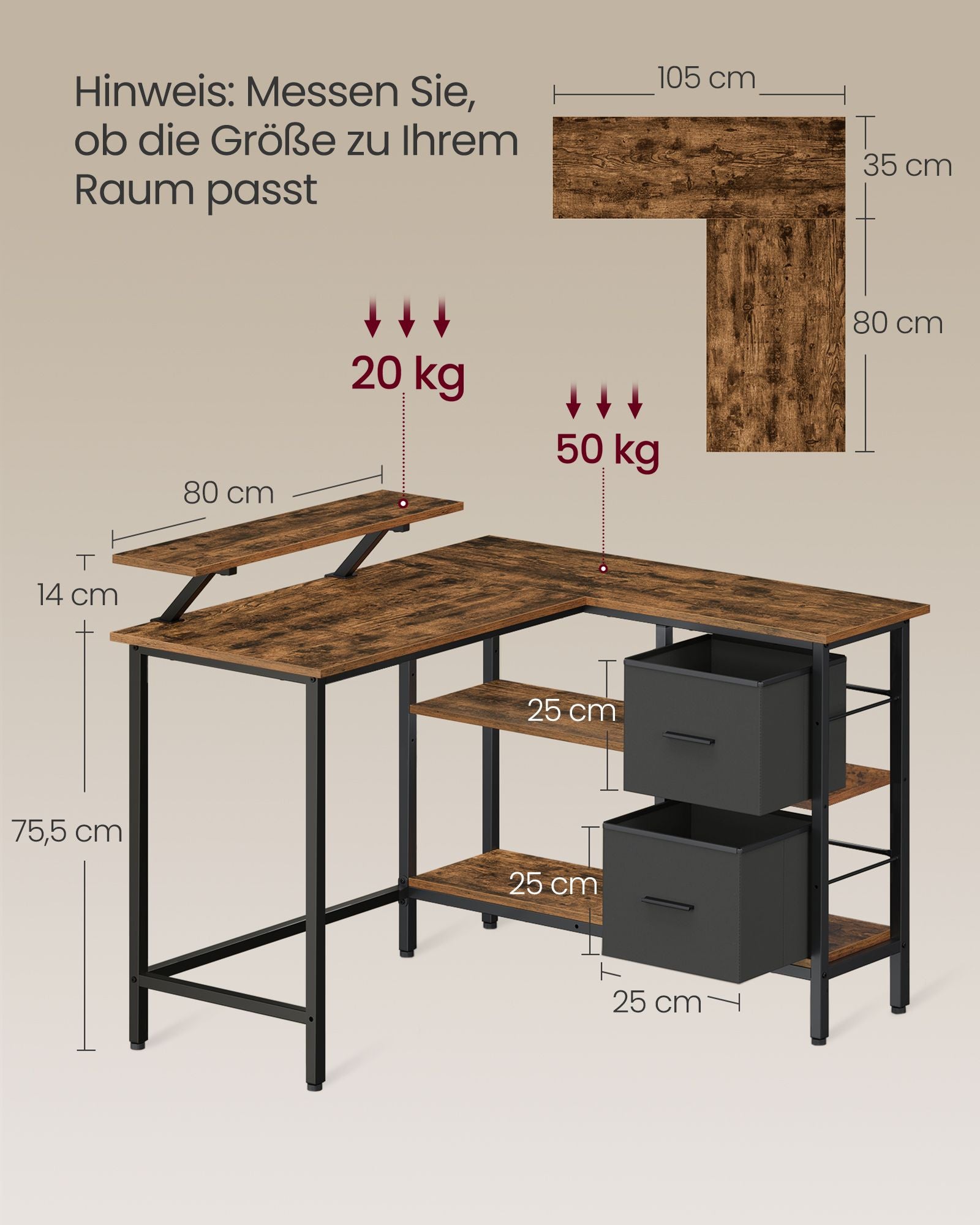 L-formad skrivbord-med 2 lådor-115 × 105 cm