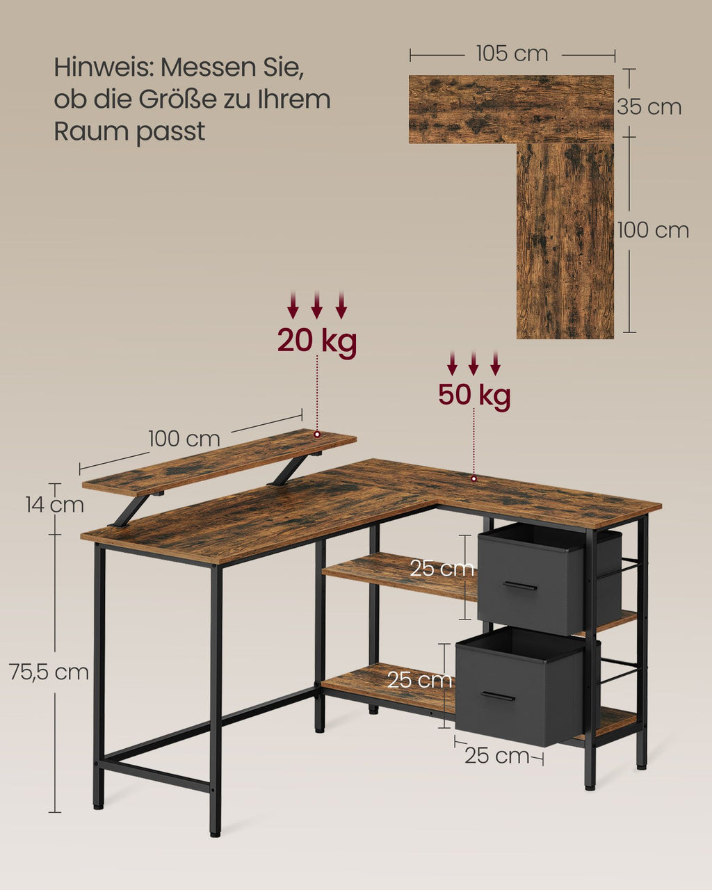 L-formad skrivbord-med 2 lådor-135 × 105 cm