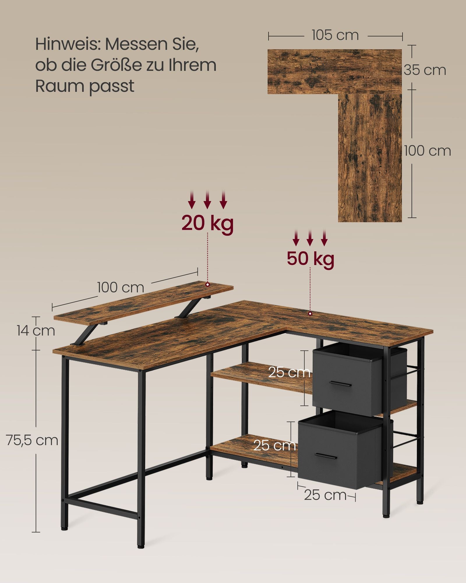 L-formad skrivbord-med 2 lådor-135 × 105 cm