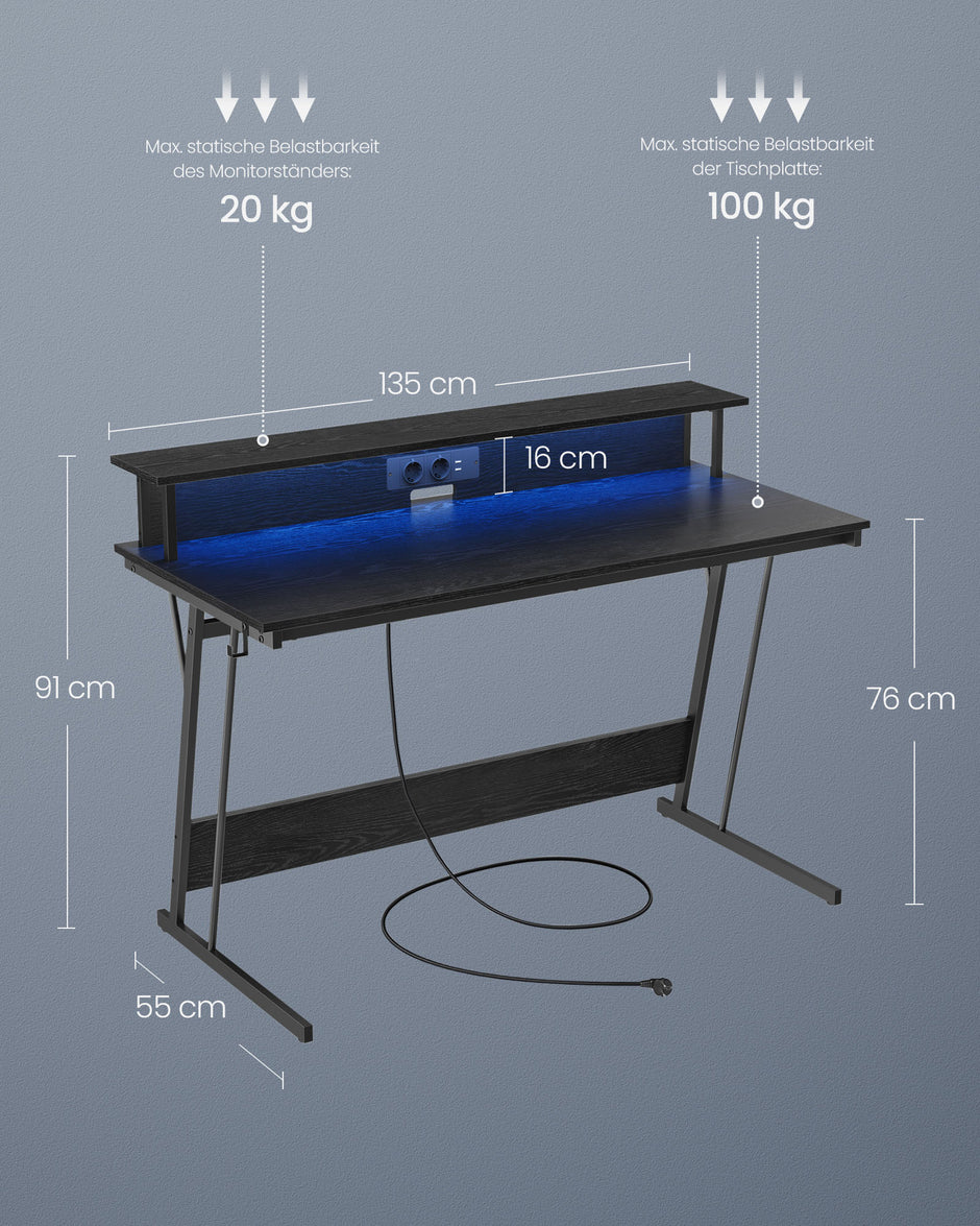 Skrivbord med monitorstativ – 135 cm – svart