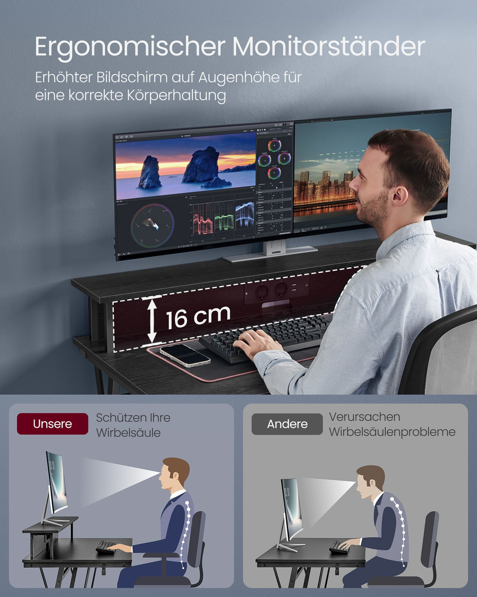 Skrivbord med monitorstativ – 135 cm – svart