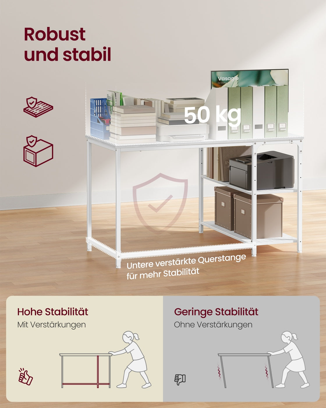 Hoekbureau - 110 x 80 x 76 cm - in hoogte verstelbare plank - esdoornwit - 50 kg maximaal draagvermogen tafelblad - 15 kg maximaal draagvermogen plank