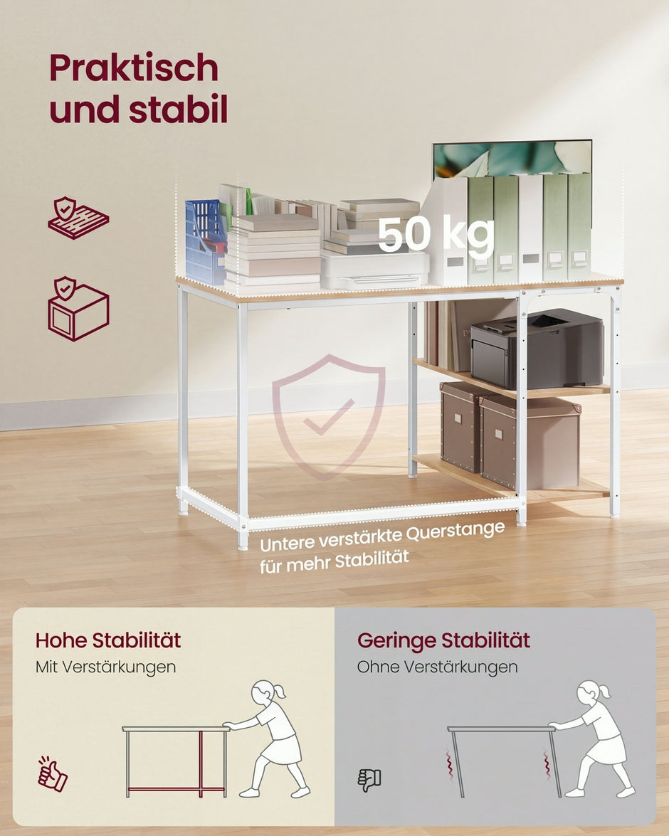 Hoekbureau L-vormig – 110 x 80 cm – Met Opbergplanken – Omkeerbaar – Eiken en Wit