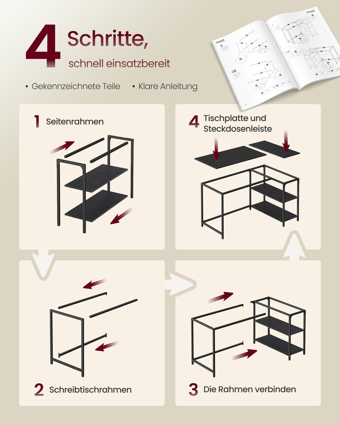 Hoekbureau - 120 x 80 x 76 cm - in hoogte verstelbare plank - ebbenzwart - max. belasting tafelblad 50 kg - max. belasting per plank 15 kg