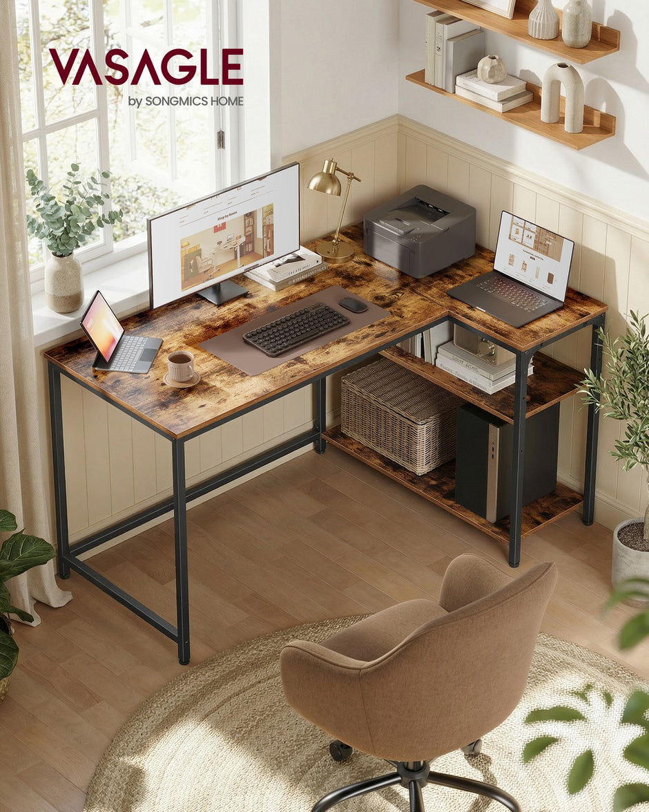 Hoekbureau - 120 x 80 x 76 cm - in hoogte verstelbare plank - vintage bruin - maximale belasting tafelblad 50 kg - maximale belasting per plank 15 kg