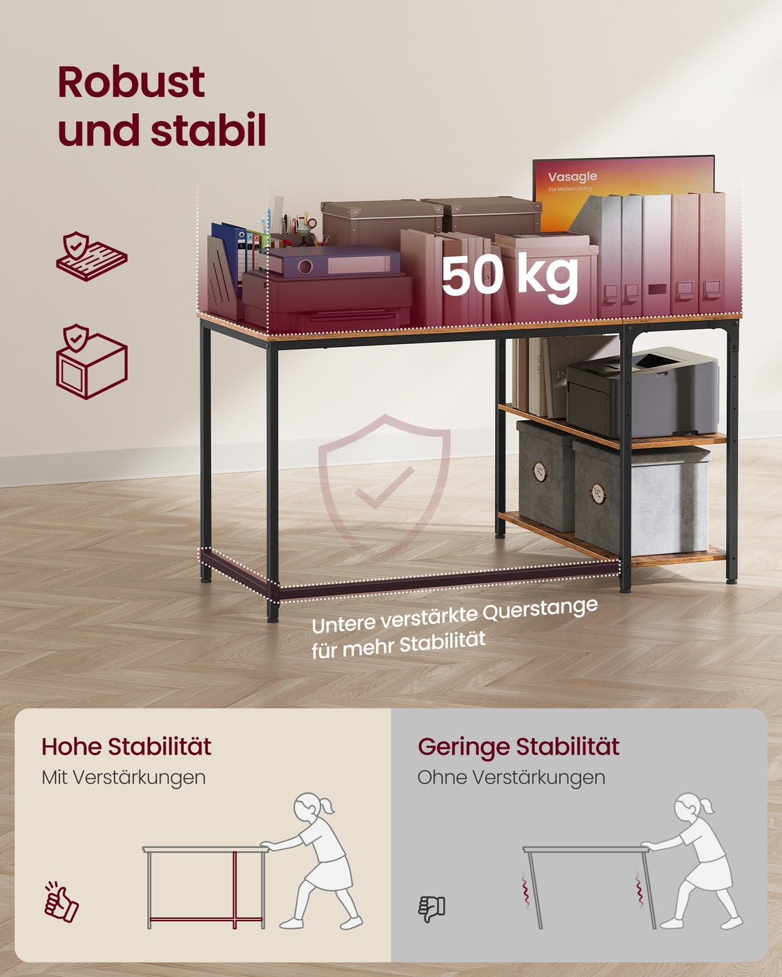 Hoekbureau - 120 x 80 x 76 cm - in hoogte verstelbare plank - vintage bruin - maximale belasting tafelblad 50 kg - maximale belasting per plank 15 kg