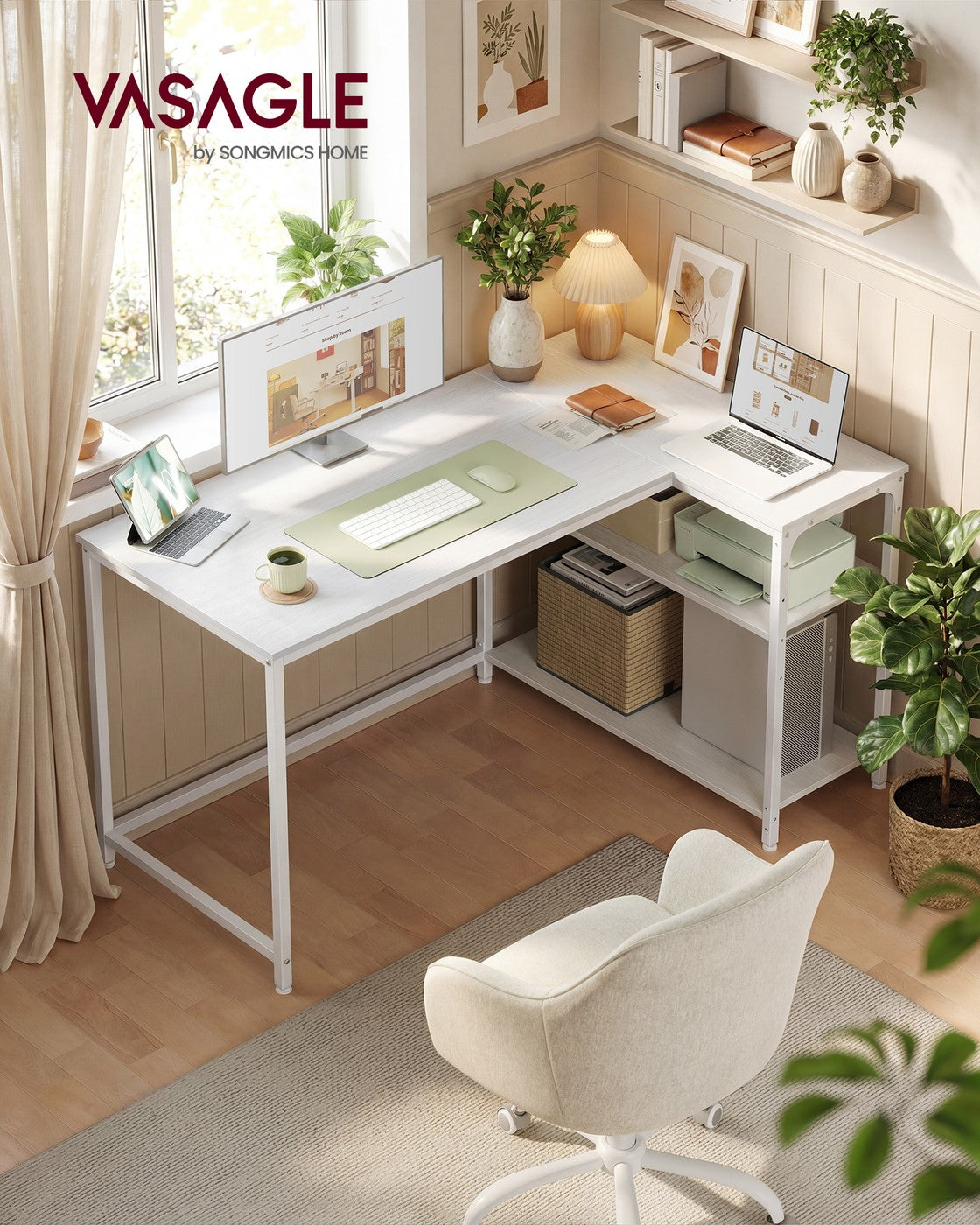 Hoekbureau - 120 x 80 x 76 cm - in hoogte verstelbare plank - esdoornwit - maximaal 50 kg tafelblad draagkracht - maximaal 15 kg per plank