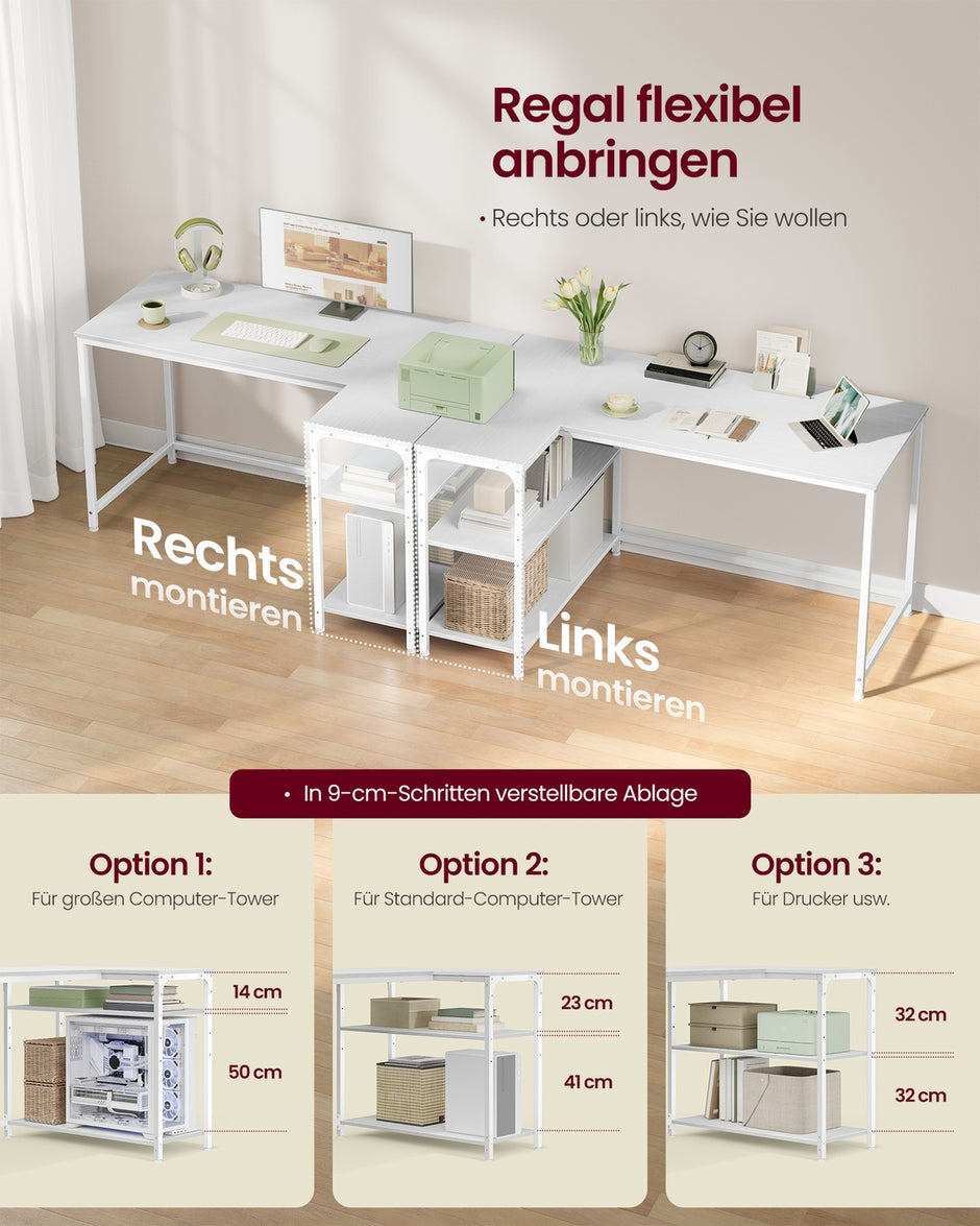 Hoekbureau - 120 x 80 x 76 cm - in hoogte verstelbare plank - esdoornwit - maximaal 50 kg tafelblad draagkracht - maximaal 15 kg per plank