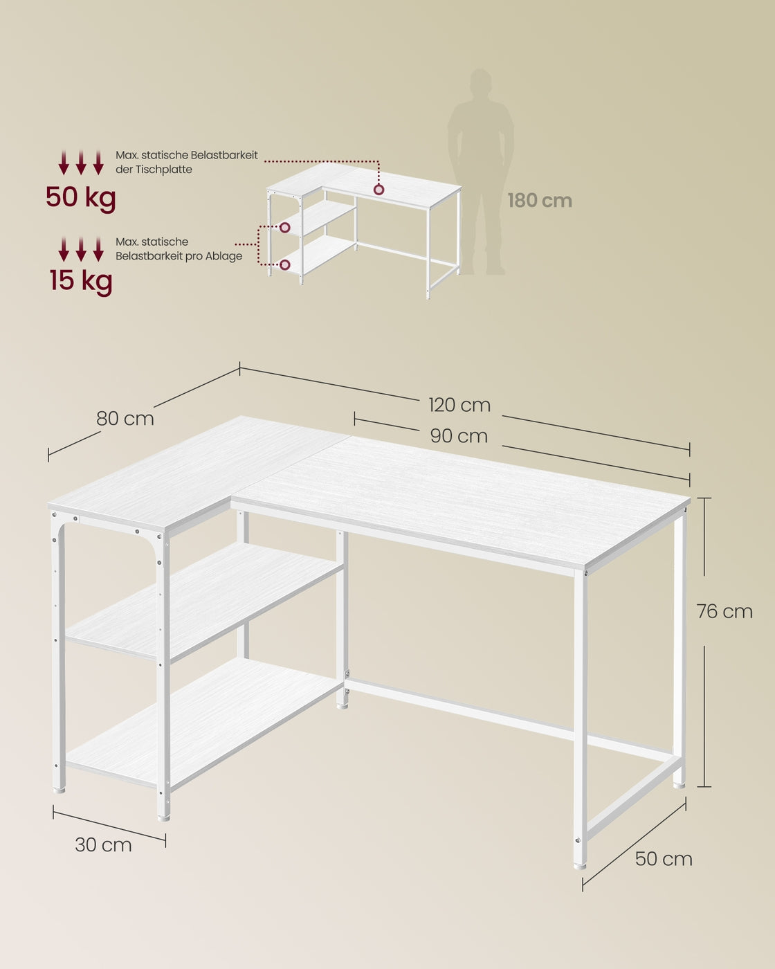 Hoekbureau - 120 x 80 x 76 cm - in hoogte verstelbare plank - esdoornwit - maximaal 50 kg tafelblad draagkracht - maximaal 15 kg per plank