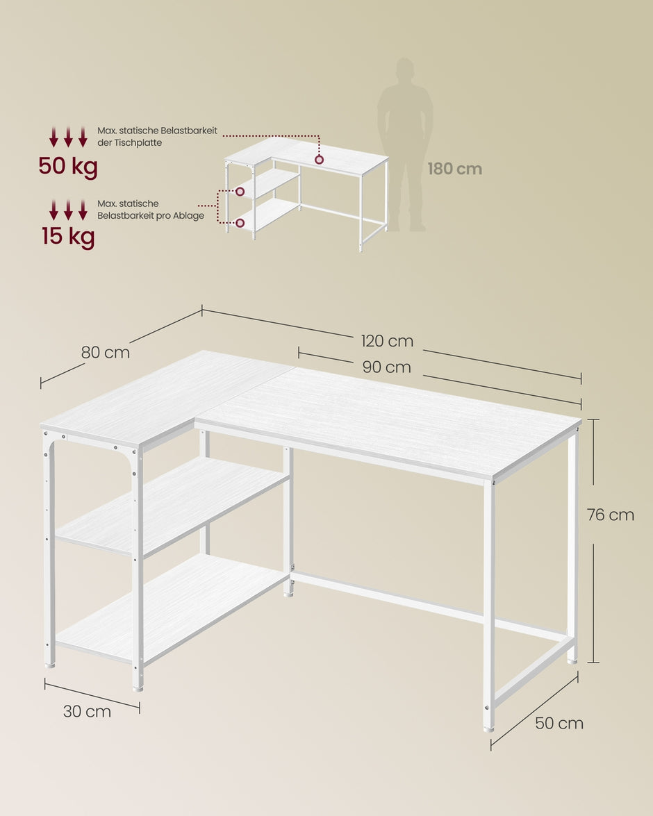 Hoekbureau - 120 x 80 x 76 cm - in hoogte verstelbare plank - esdoornwit - maximaal 50 kg tafelblad draagkracht - maximaal 15 kg per plank