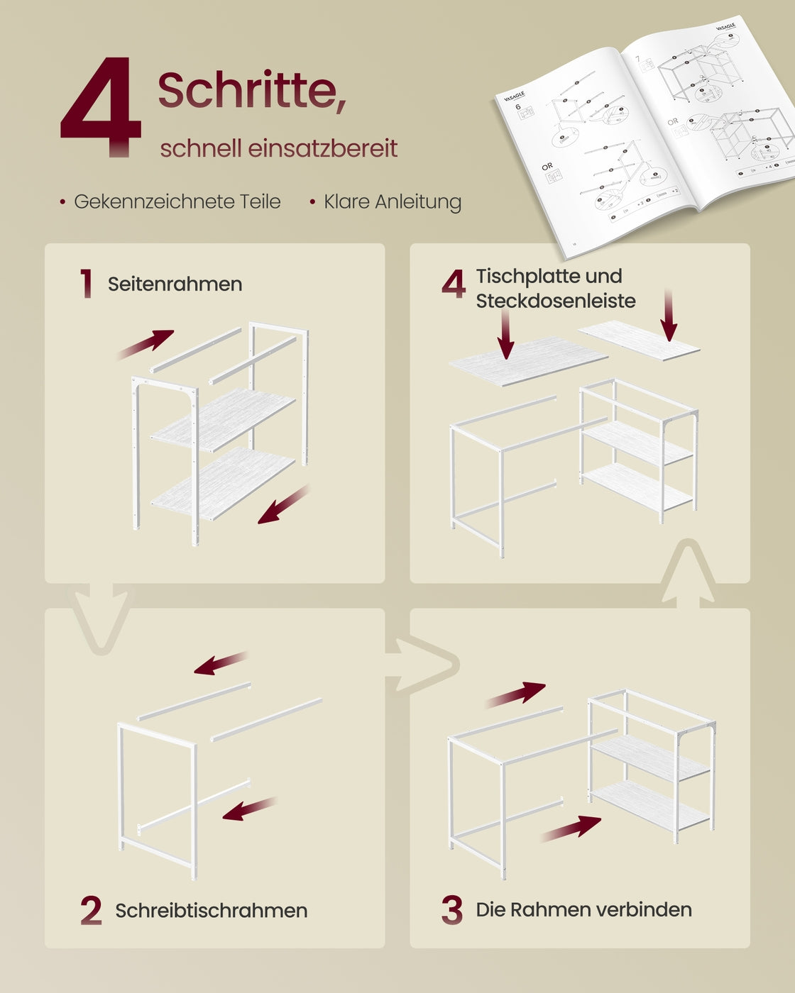 Hoekbureau - 120 x 80 x 76 cm - in hoogte verstelbare plank - esdoornwit - maximaal 50 kg tafelblad draagkracht - maximaal 15 kg per plank