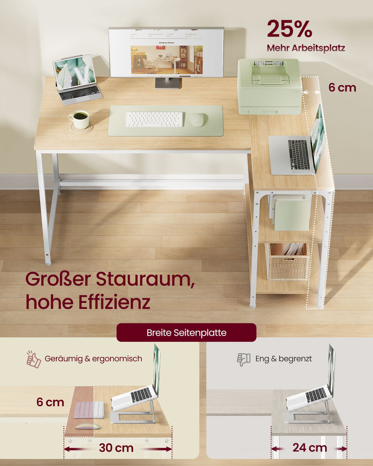 Hoekbureau L-vormig – 120 x 80 cm – Met Opbergplanken – Omkeerbaar – Eiken en Wit