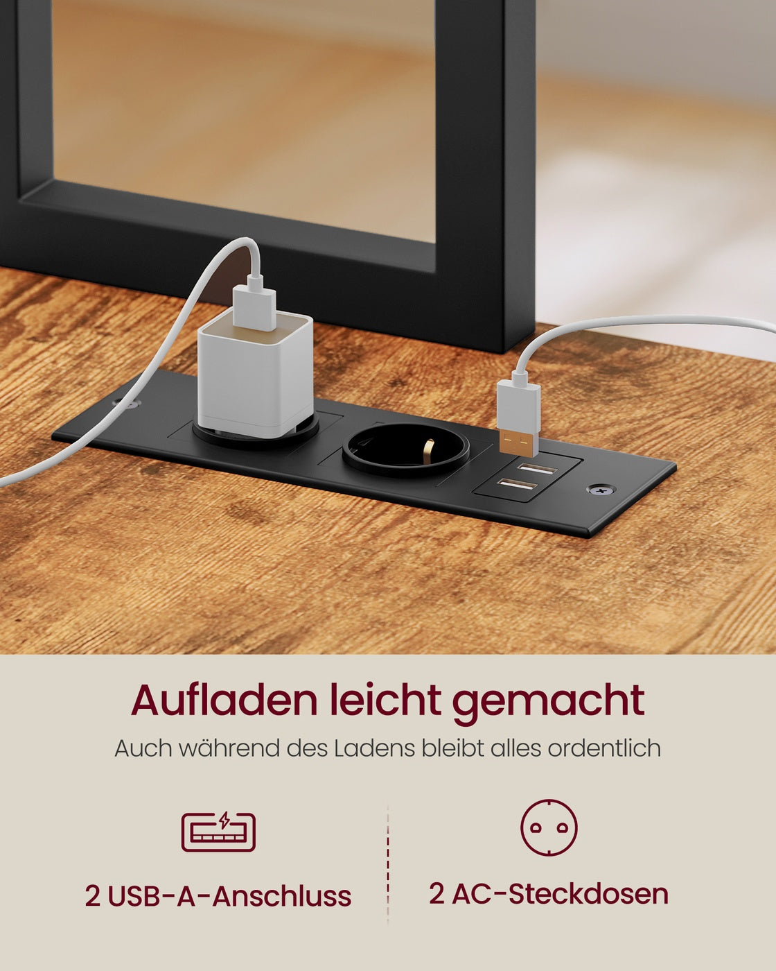 Hoekbureau - L-Vorm - Ledverlichting - Met Stopcontacten - Vintage Bruin-Zwart
