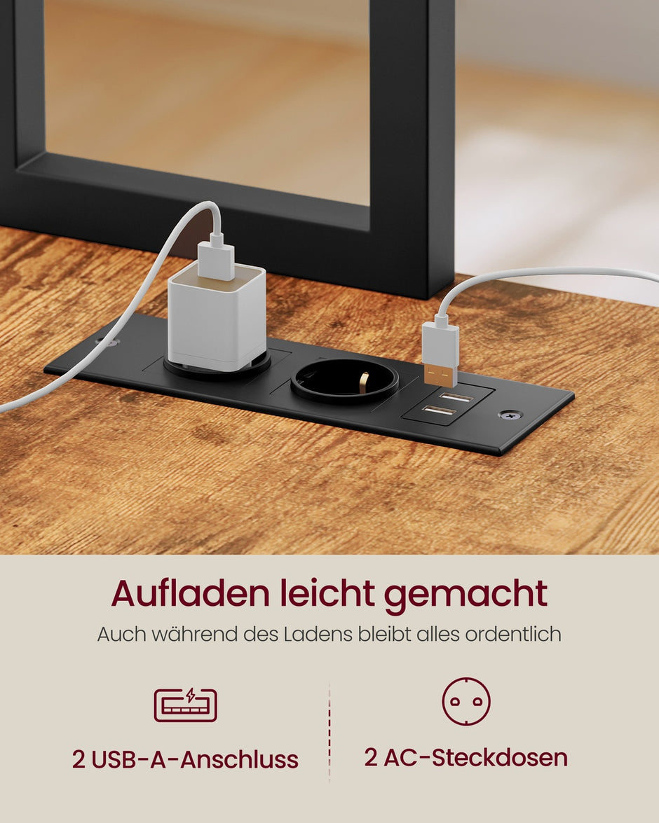 Hoekbureau - L-Vorm - Ledverlichting - Met Stopcontacten - Vintage Bruin-Zwart