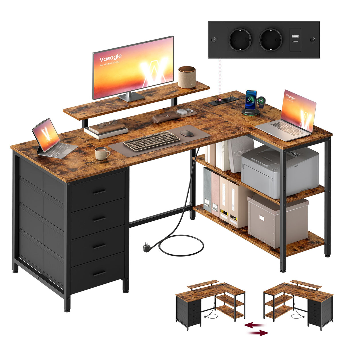 Hoekbureau L-Vorm – 140 x 80 cm – Stopcontacten en 2 USB – 4 Lades – Vintage Bruin en Zwart