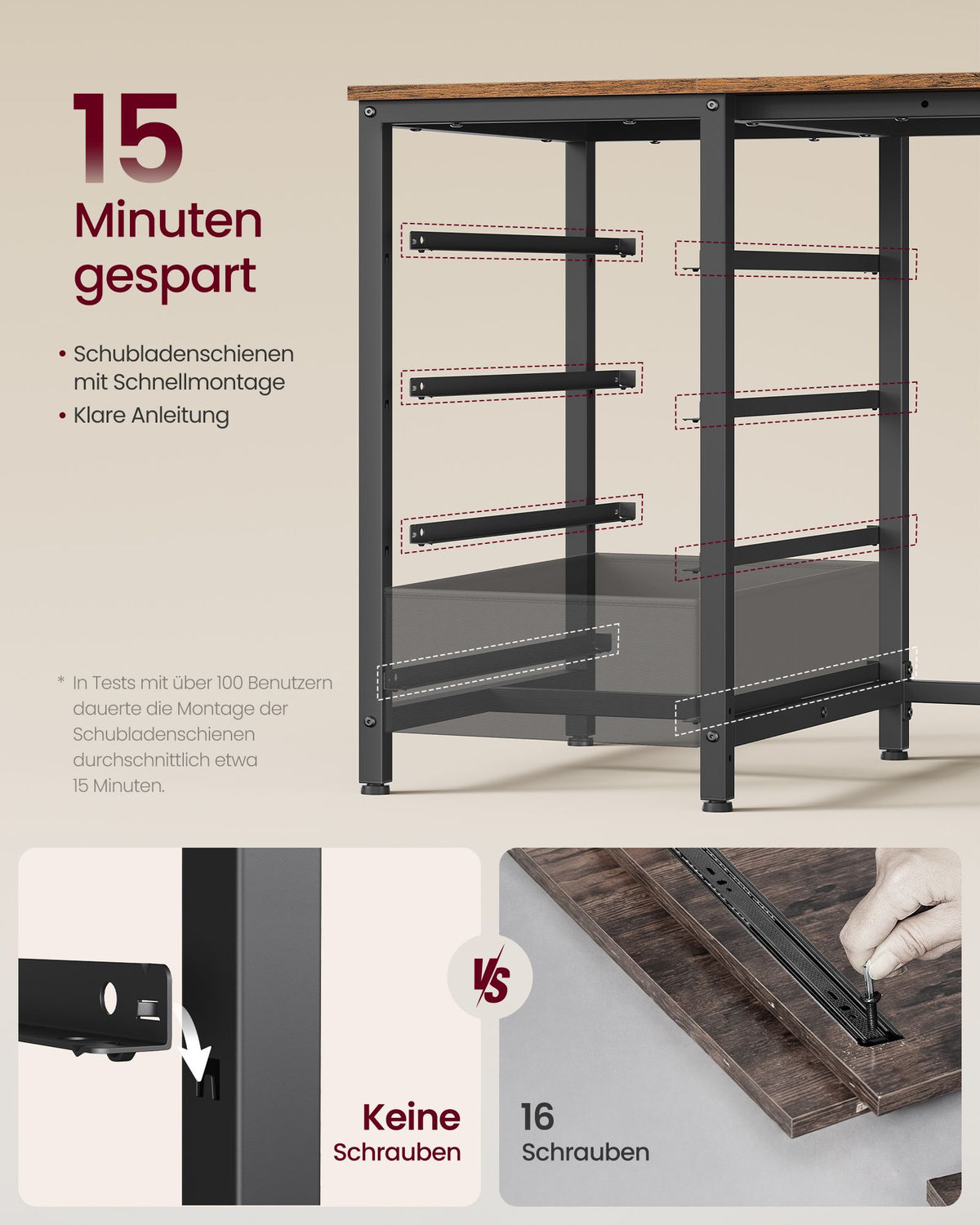 Hoekbureau L-Vorm – 140 x 80 cm – Stopcontacten en 2 USB – 4 Lades – Vintage Bruin en Zwart