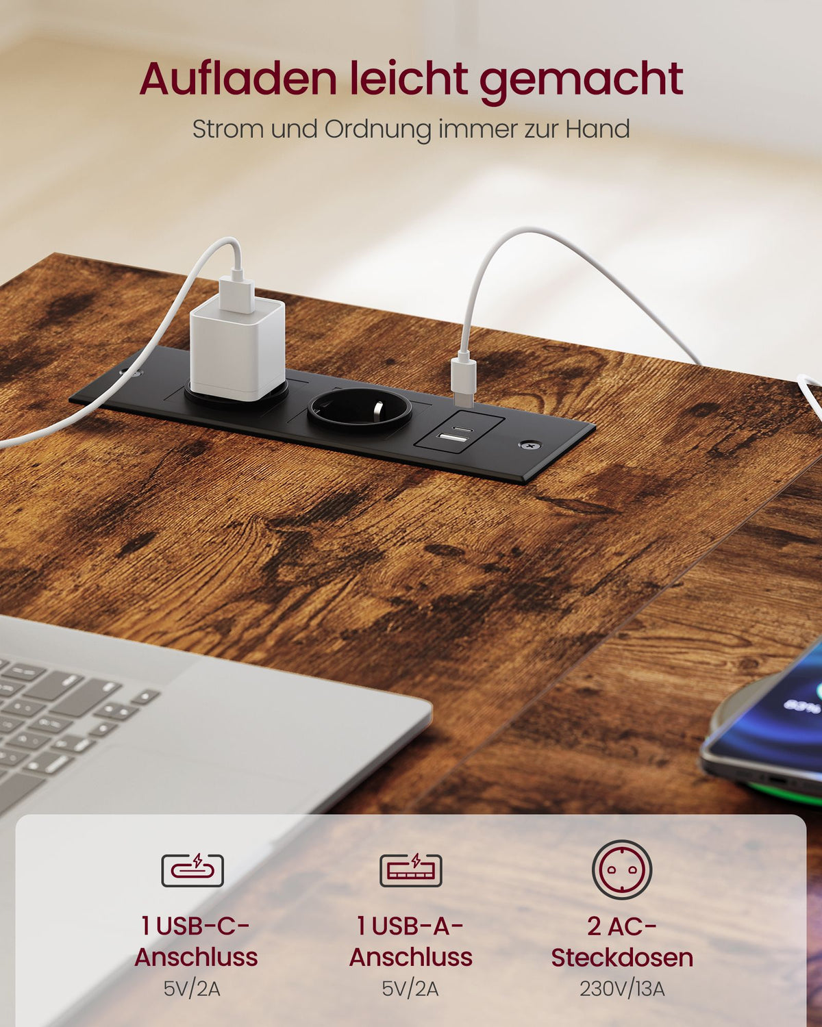 Hoekbureau L-Vorm – 140 x 80 cm – Stopcontacten en 2 USB – 4 Lades – Vintage Bruin en Zwart