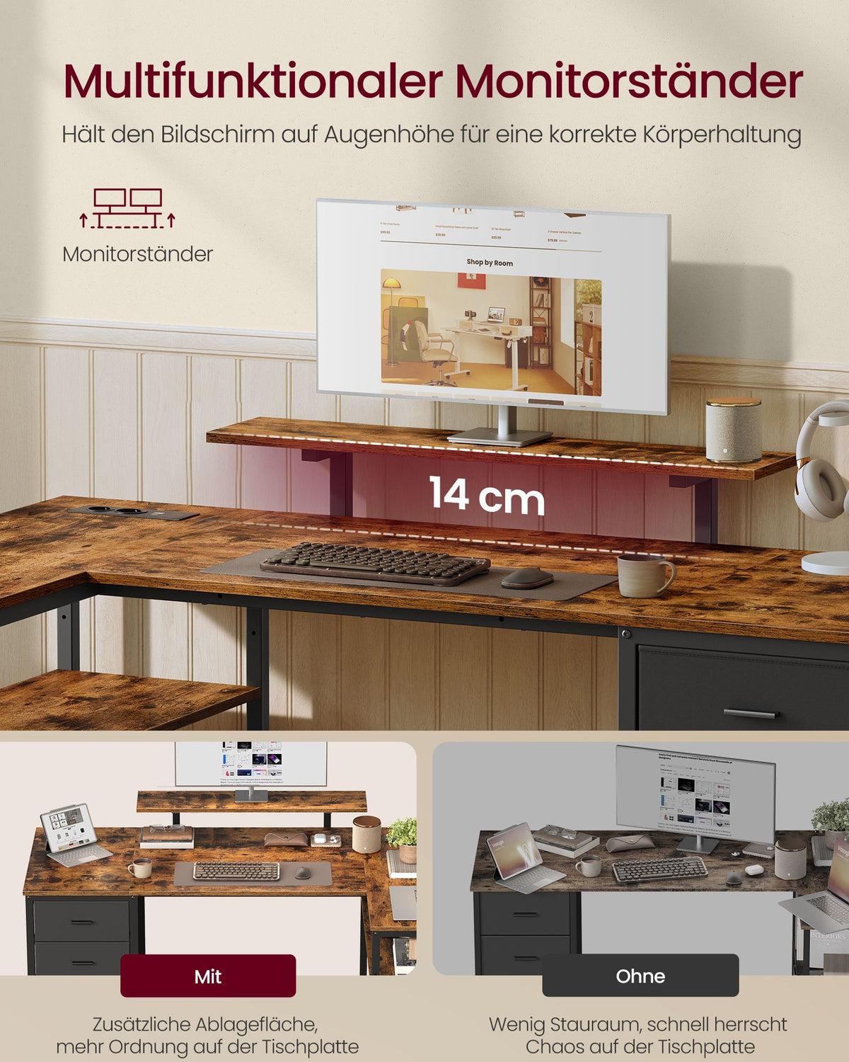 Hoekbureau L-Vorm – 140 x 80 cm – Stopcontacten en 2 USB – 4 Lades – Vintage Bruin en Zwart