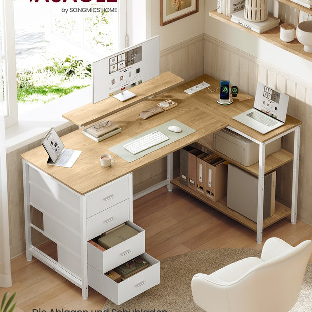Hoekbureau - L-Vorm - Omkeerbaar - 4 Lades - Tarwegeel-Mat Wit