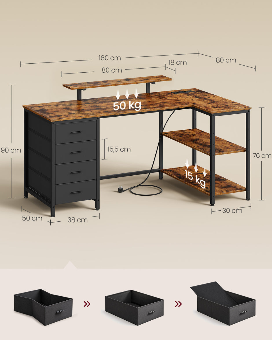 Hoekbureau L-Vorm – 160 x 80 cm – Stopcontacten en 2 USB – 4 Lades – Vintage Bruin en Zwart