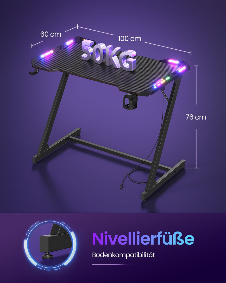 Gamingbureau – Carbonlook – RGB-Verlichting – Bekerhouder – 100 x 60 cm – Koolzwart
