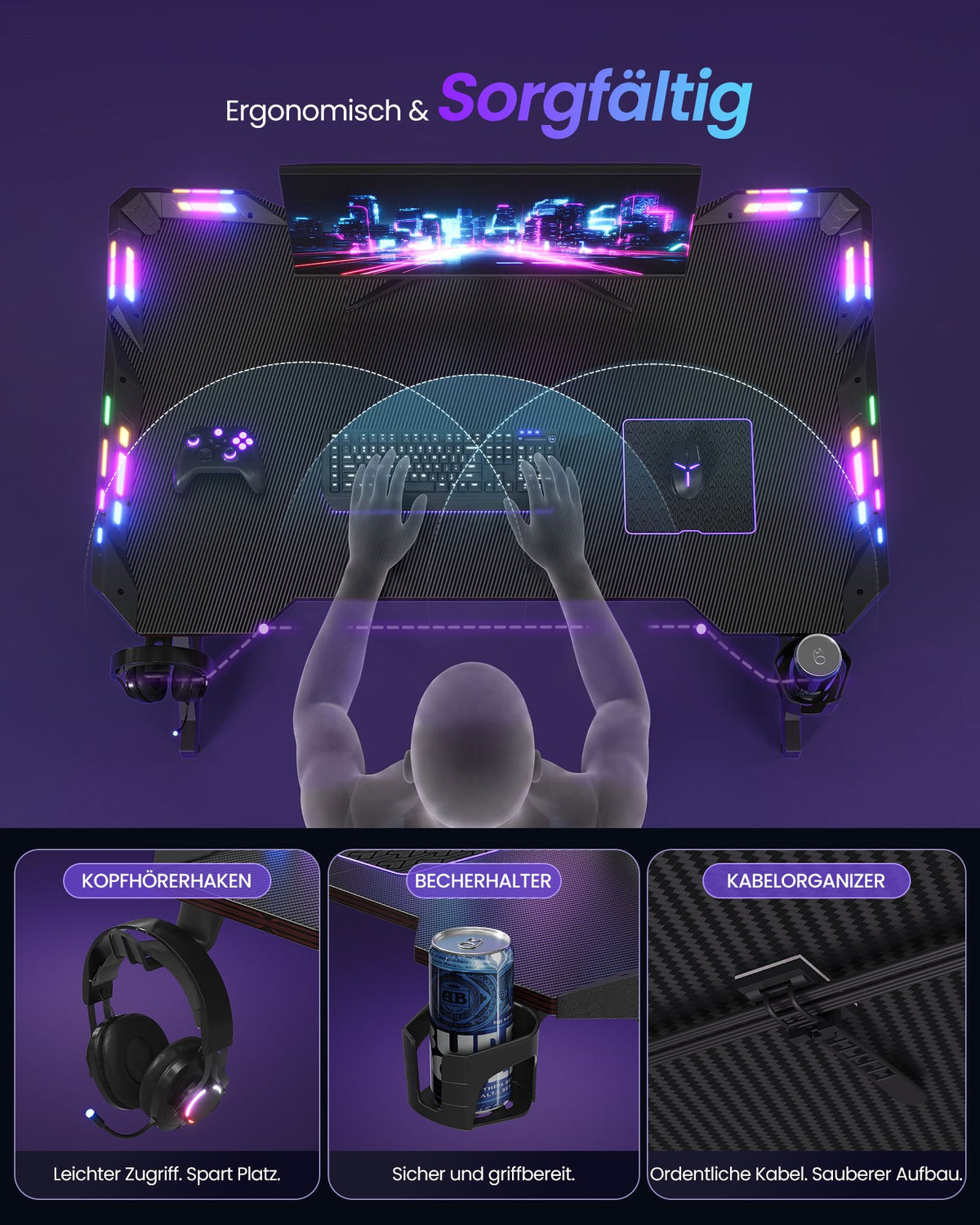 Gamingbureau – Carbonlook – RGB-Verlichting – Bekerhouder – 100 x 60 cm – Koolzwart