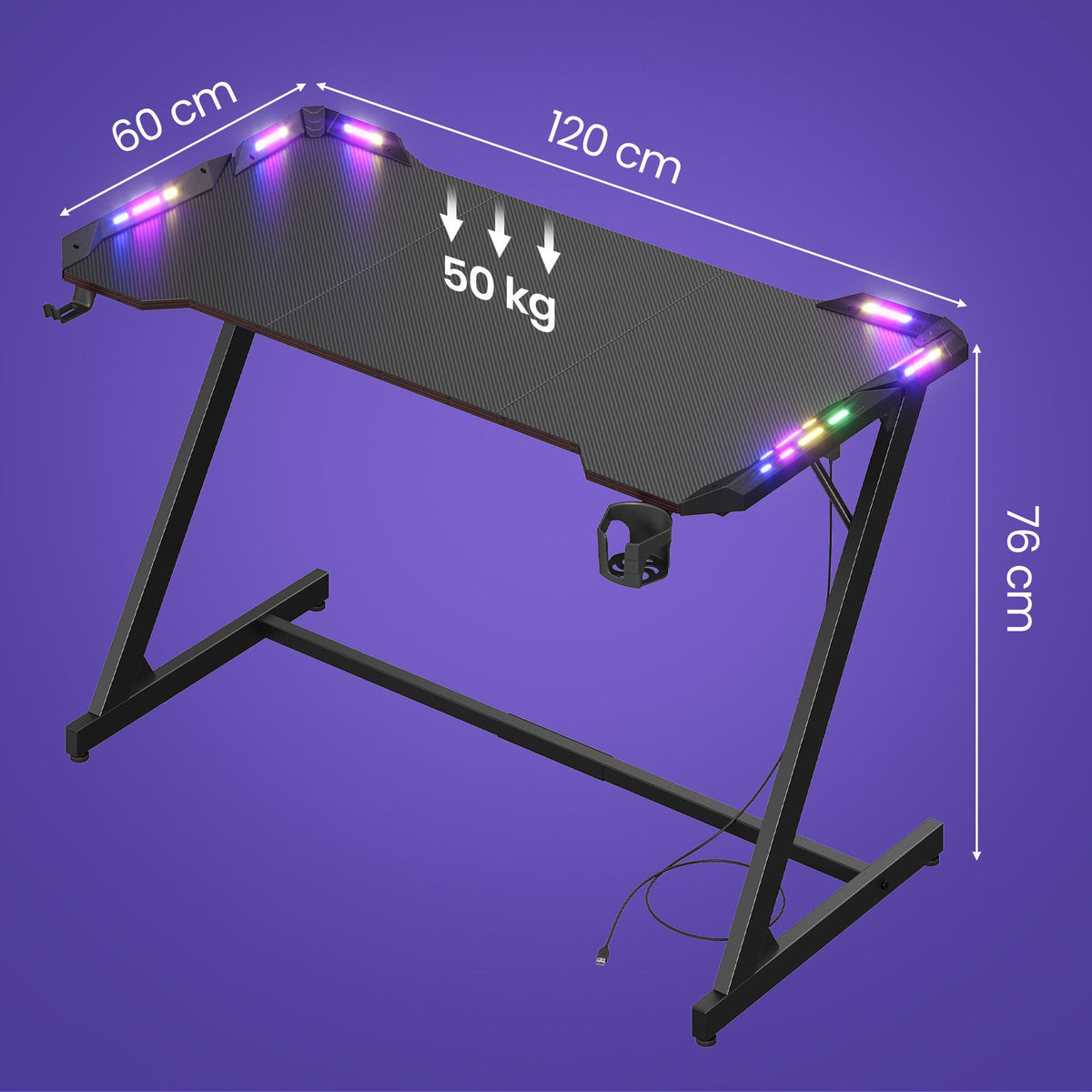 Gamingbureau Z-Vorm – Carbonlook – LED-Verlichting – 120 x 60 cm – Zwart