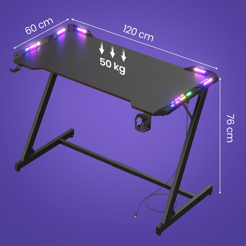 Gamingbureau Z-Vorm – Carbonlook – LED-Verlichting – 120 x 60 cm – Zwart
