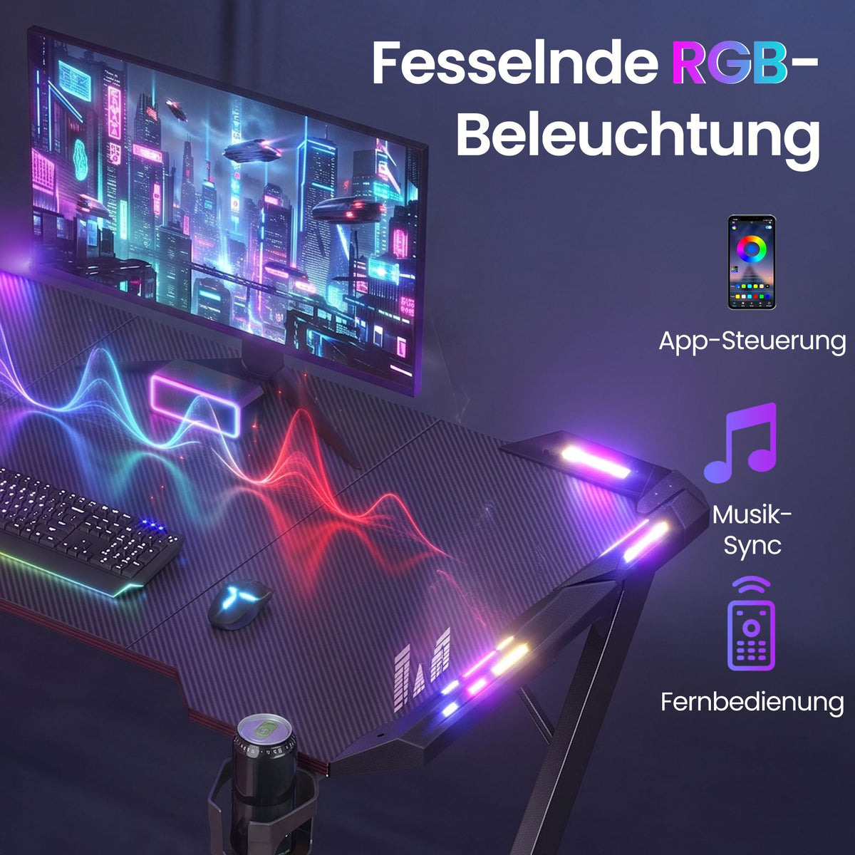 Gamingbureau Z-Vorm – Carbonlook – LED-Verlichting – 120 x 60 cm – Zwart