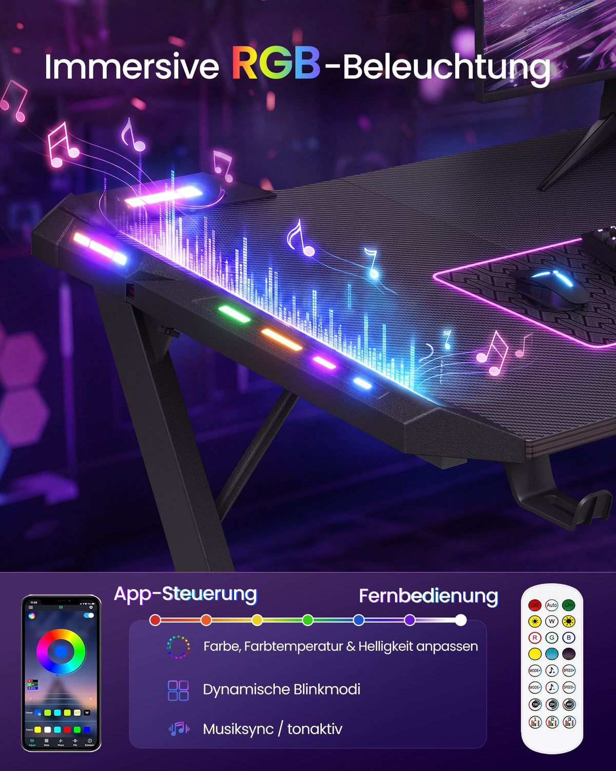 Gamingbureau Z-Vorm – Carbonlook – LED-Verlichting – Bekerhouder – 140 x 60 cm – Koolzwart