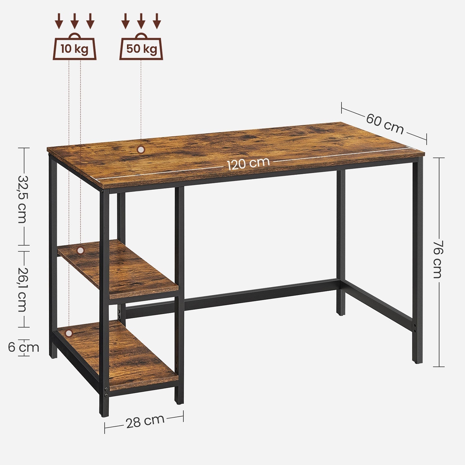 Skrivbord - PC -tabell med 2 hyllor - vänster eller höger montering - 120 x 60 x 75 cm