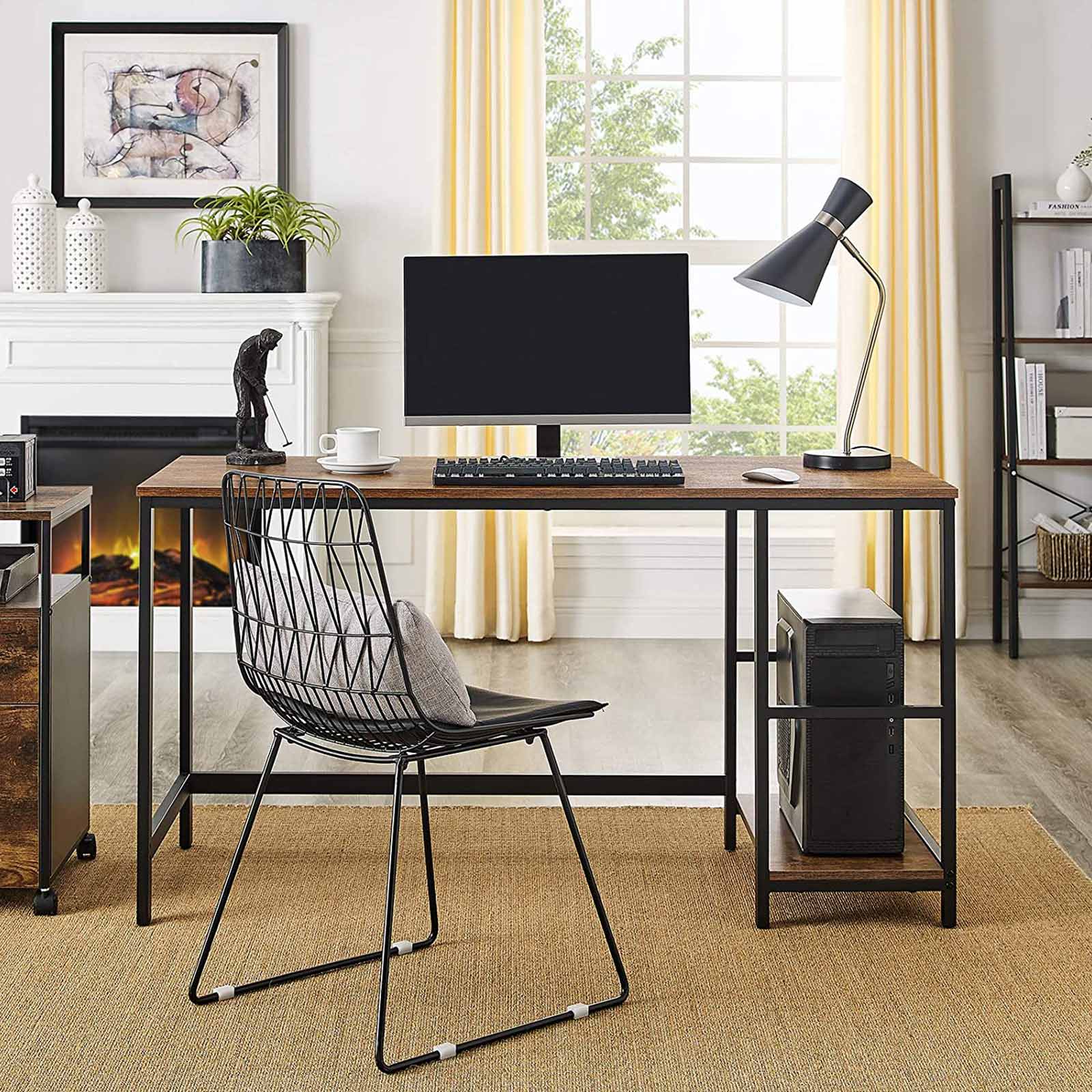 Datorbord - skrivbord med 2 hyllor - stålram - brun/svart