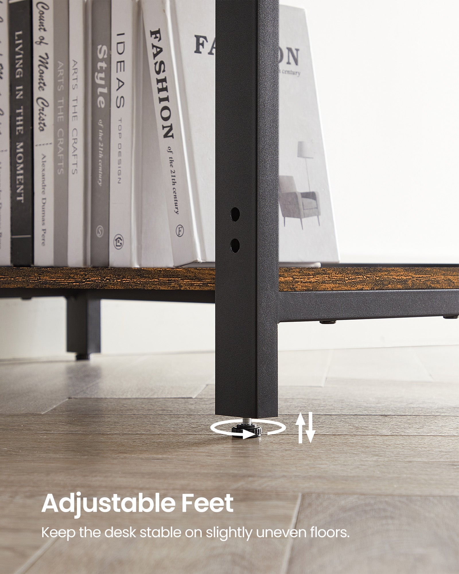 Datorbord - skrivbord med 2 hyllor - stålram - brun/svart