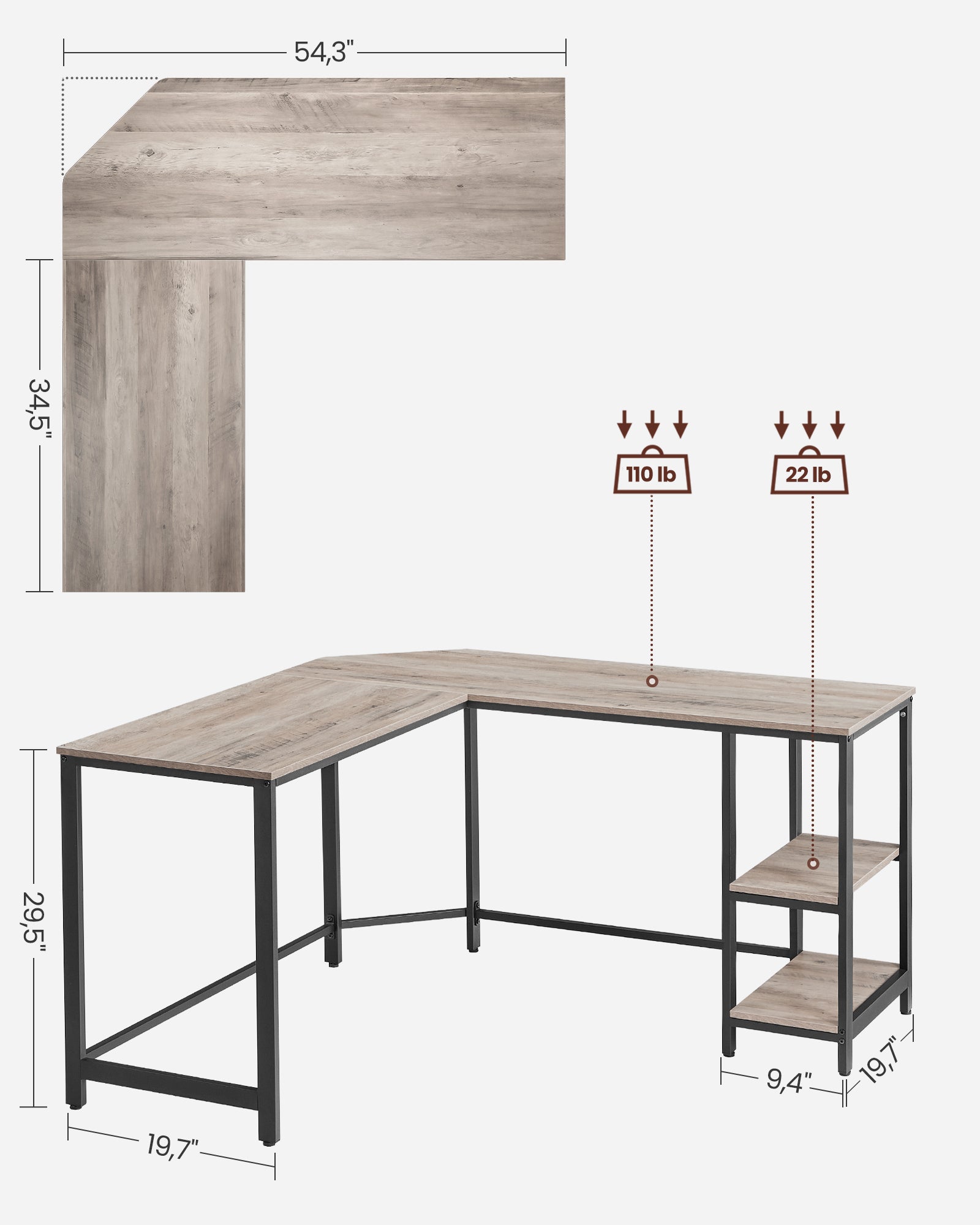 Bureau - L -Hoekbureau med 2 hyllor - Space -Saving - Industrial Design