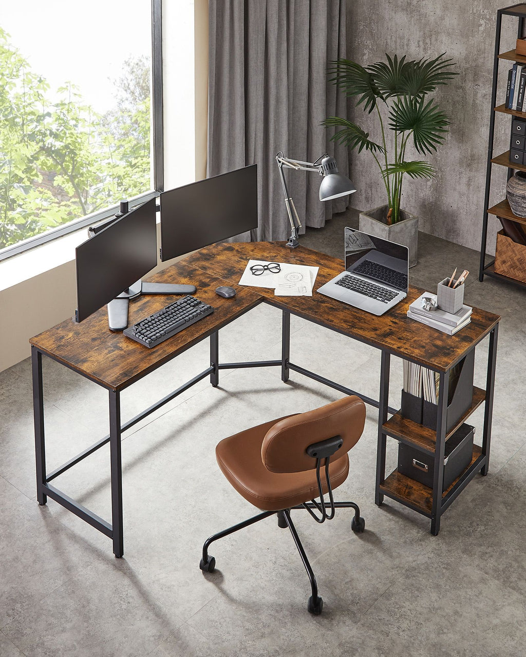 Corner Agency - Datortabell i L -SHAPE - Industrial Design - Vintage Brown/Black