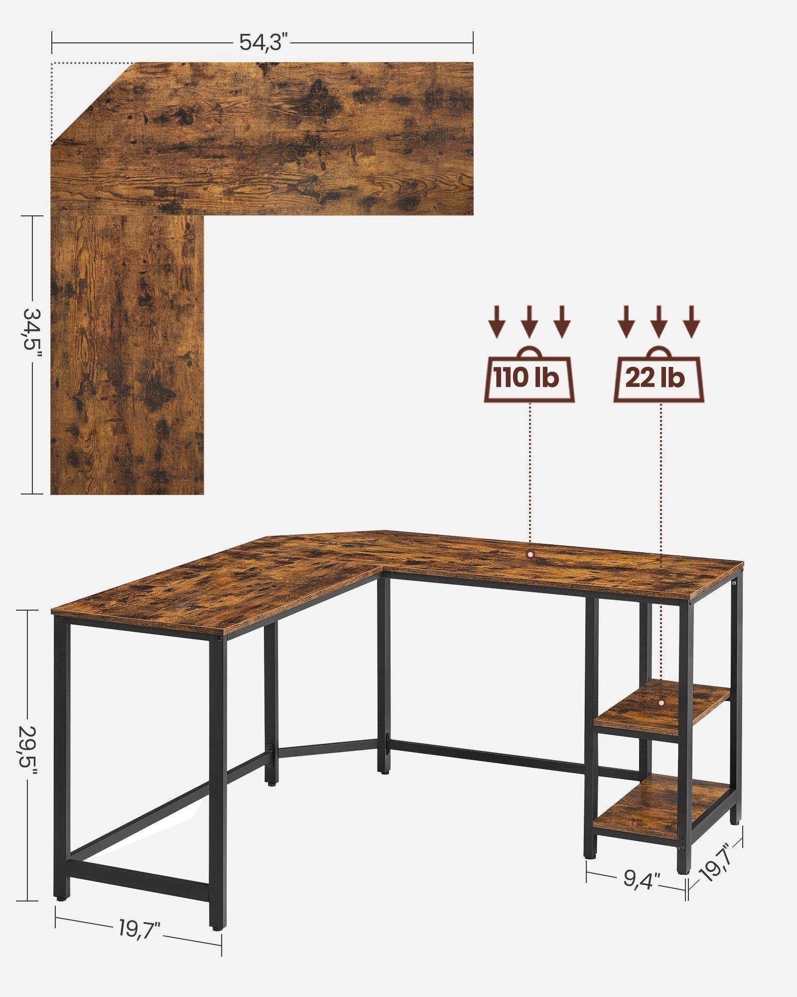 Hörnskrivbord – L-formad design – Industriell – Vintage brun/svart
