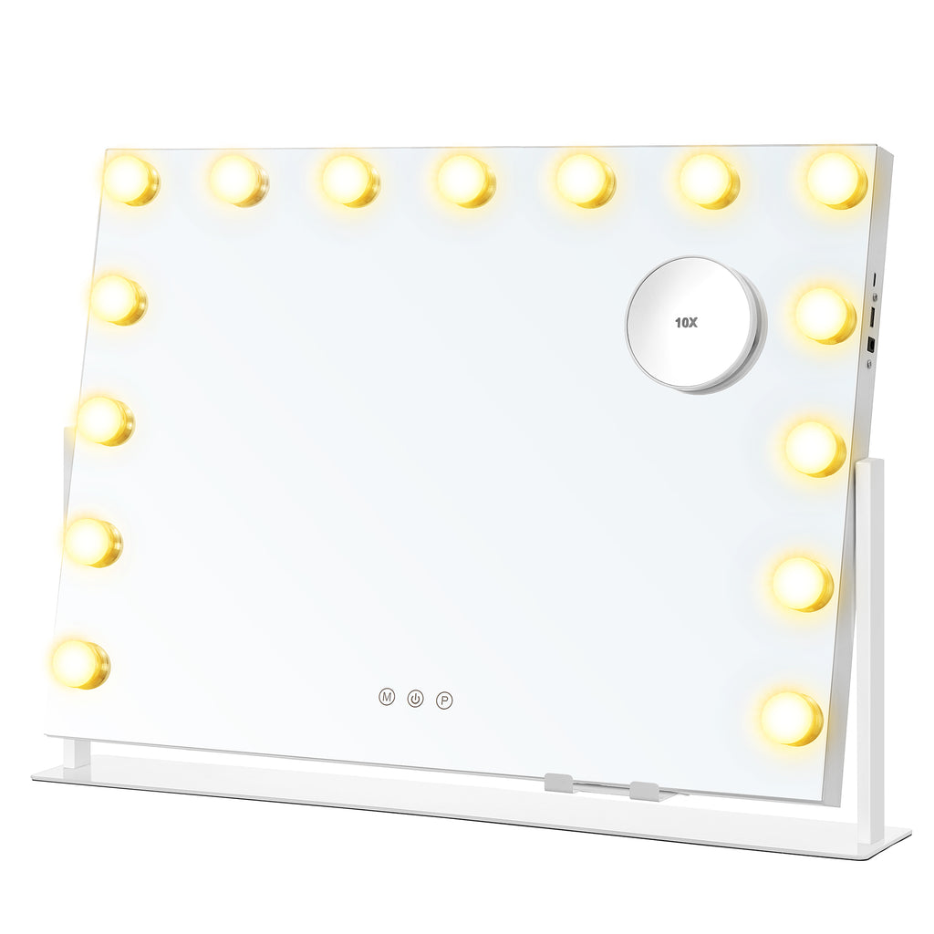 Make-up spegel med LED-belysning, beröringskontroll, 15 LED-lampor, med laddningsportar, 10x förstoringsspegel, 3 lätta färger, dimbar, mobiltelefonhållare, Matt White LWM001W02